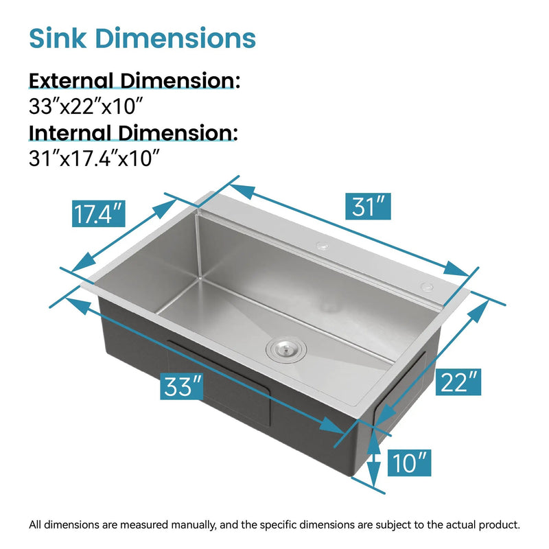 Stainless Steel Kitchen Sink, 33”x22” Single Bowl, Overmount, Brushed Finish by HouseOfZazla