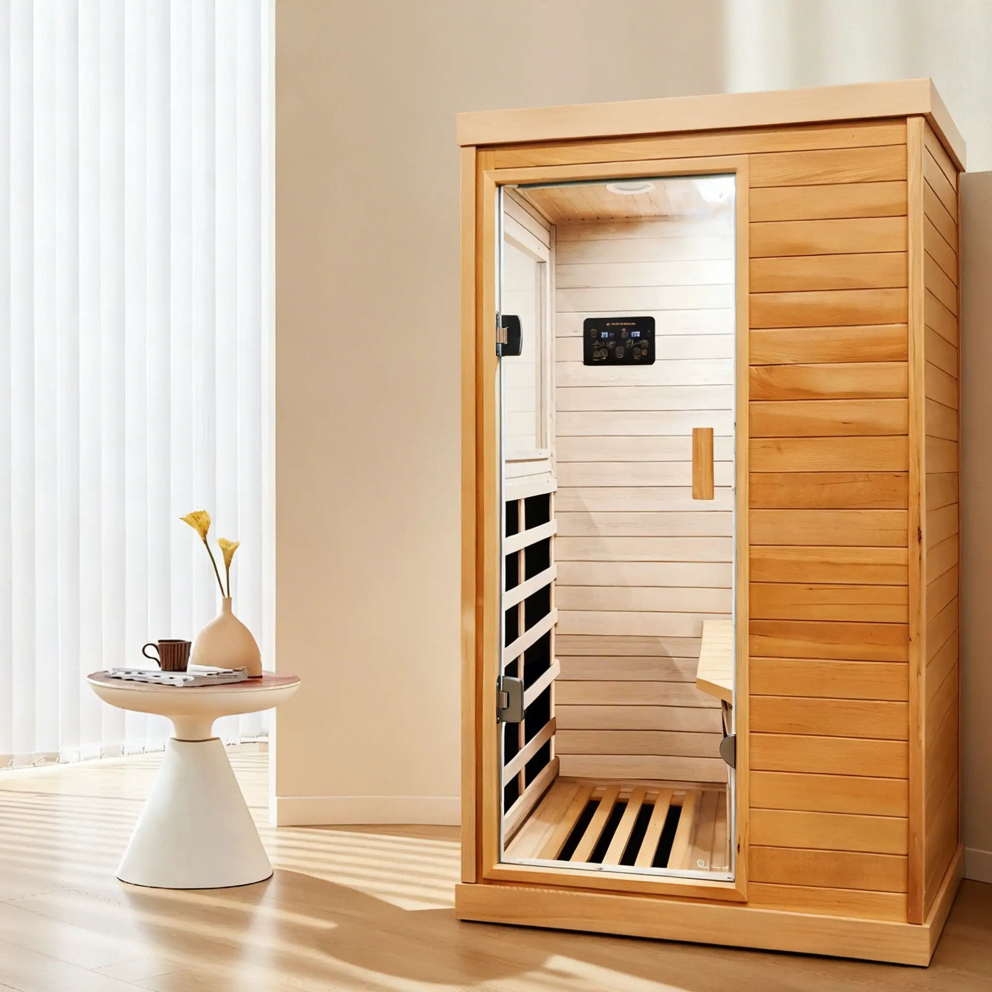 Infrared Sauna Room Single Room With Hemlock Frame, 6 Heating Plates, Built-In Lights And Bluetooth Audio - Natural by HouseOfZazla