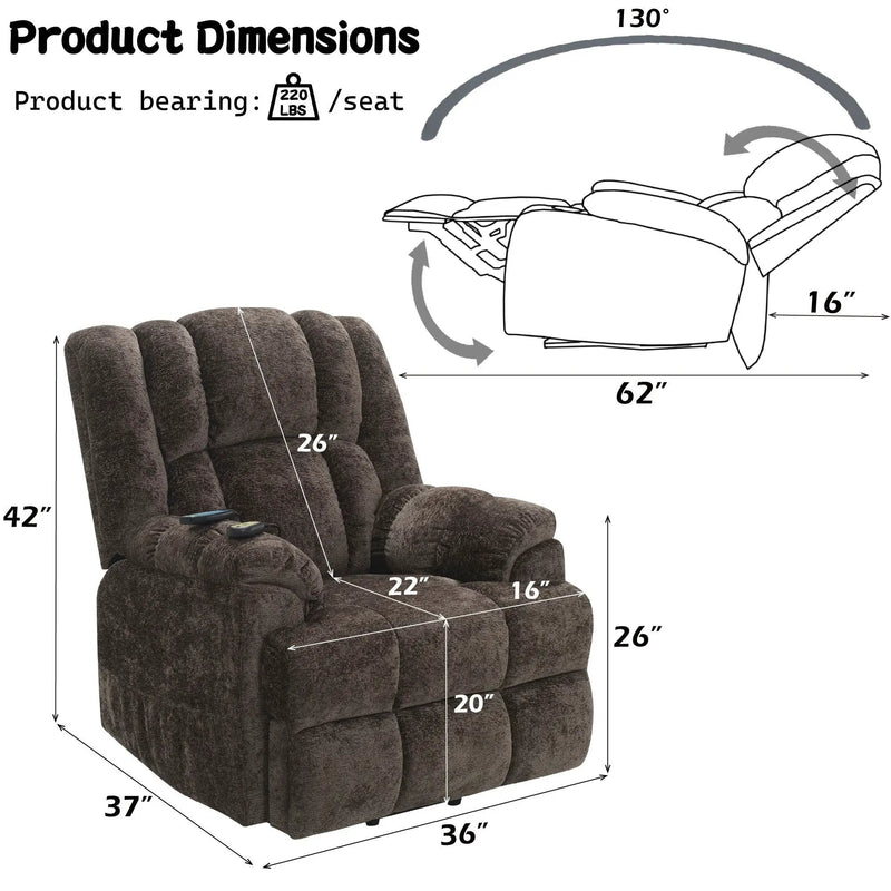 Power Motion Recliner With Lift Heating Massage Function - Brown by Unique Piece Furniture
