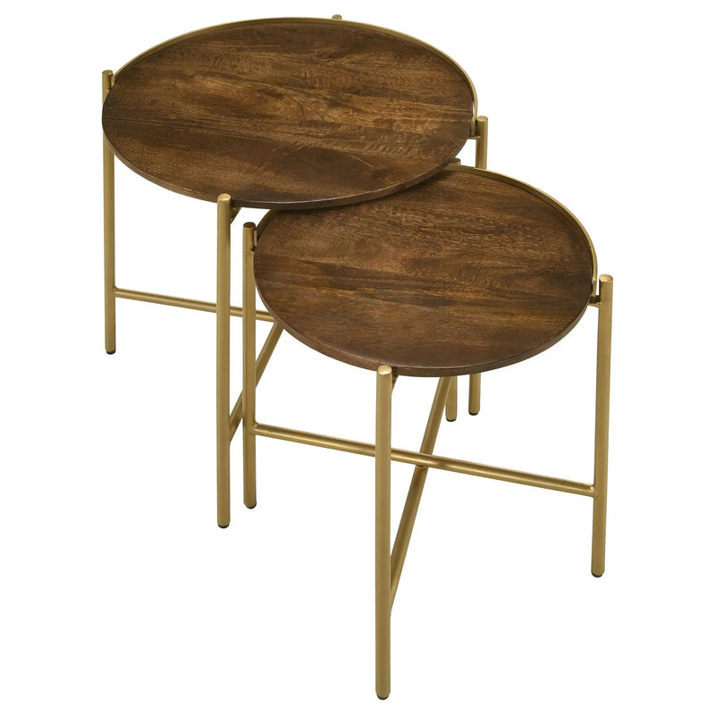 Malka 2-piece Round Wood Nesting Table Dark Brown and Gold by Unique Piece Furniture