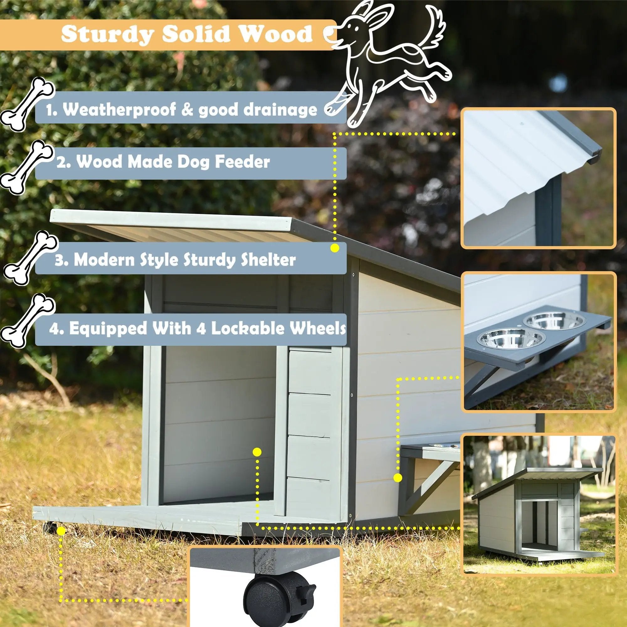 Modern Design Outdoor Dog House With Food Bowl And Wheels Pine - Gray / White by HouseOfZazla