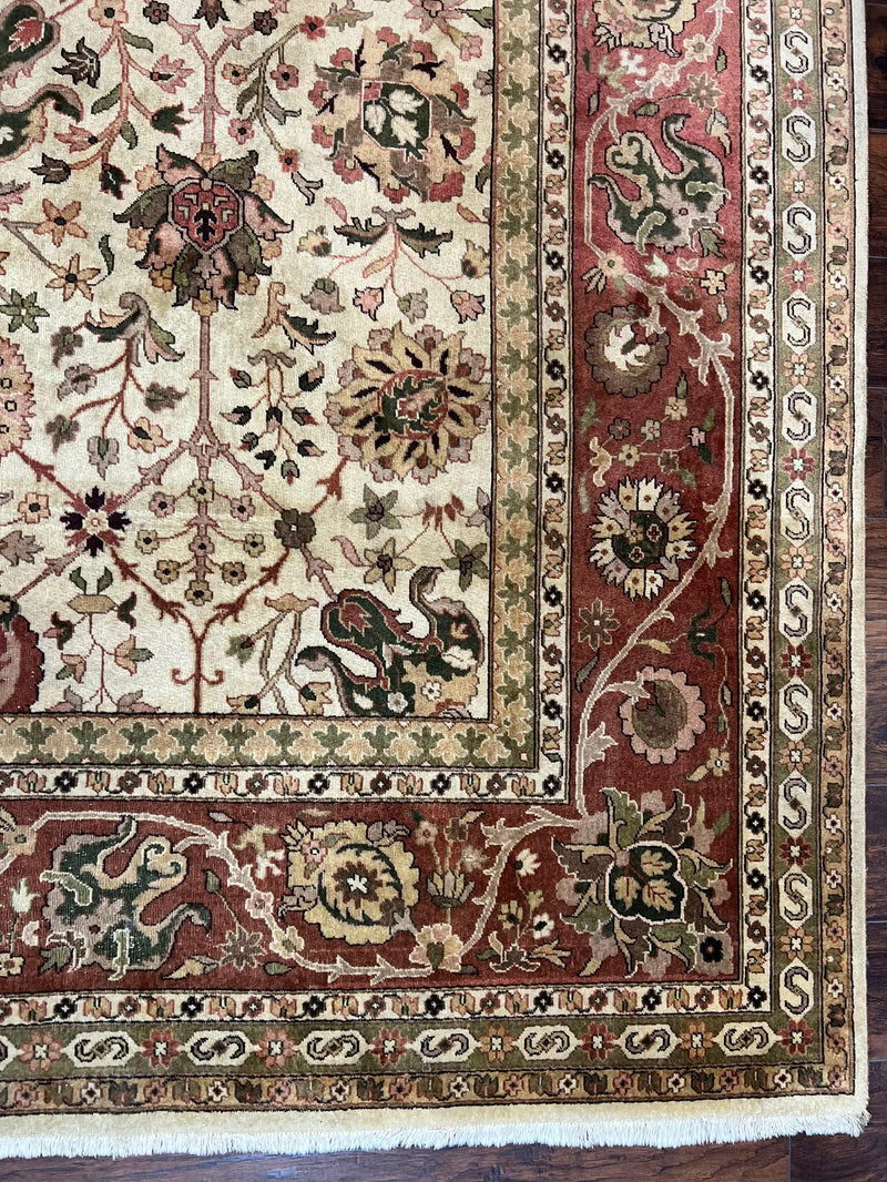 Large Indian Rug 10x14, Hand Knotted Indo Persian Gandehar Oriental Carpet, Vintage Wool Rug 10 x 14 ft Cream Red Floral Allover Traditional by Jewel Rugs