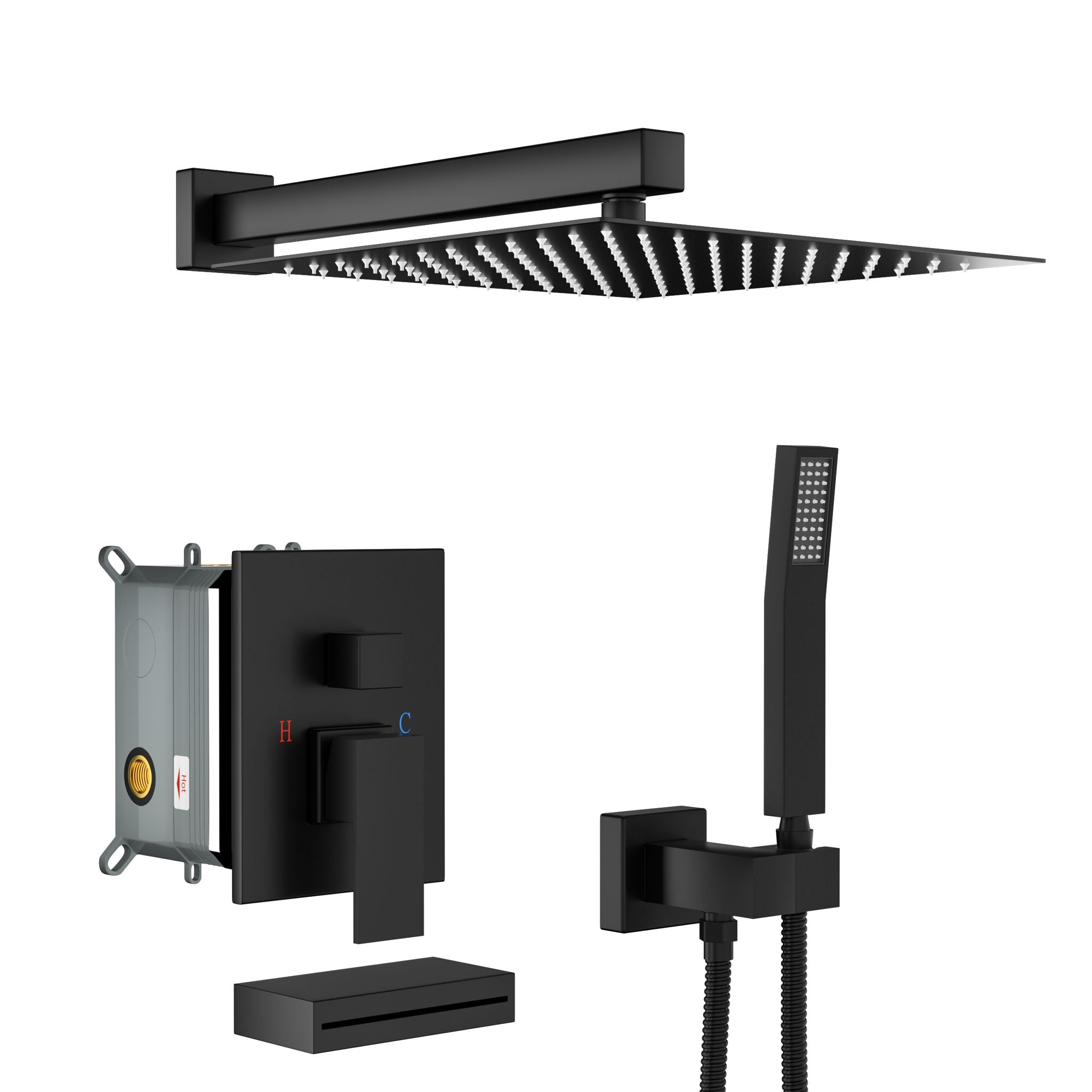 12" Ceiling Mount Square Shower System With Waterfall Tub Spout And Handheld Shower by HouseOfZazla