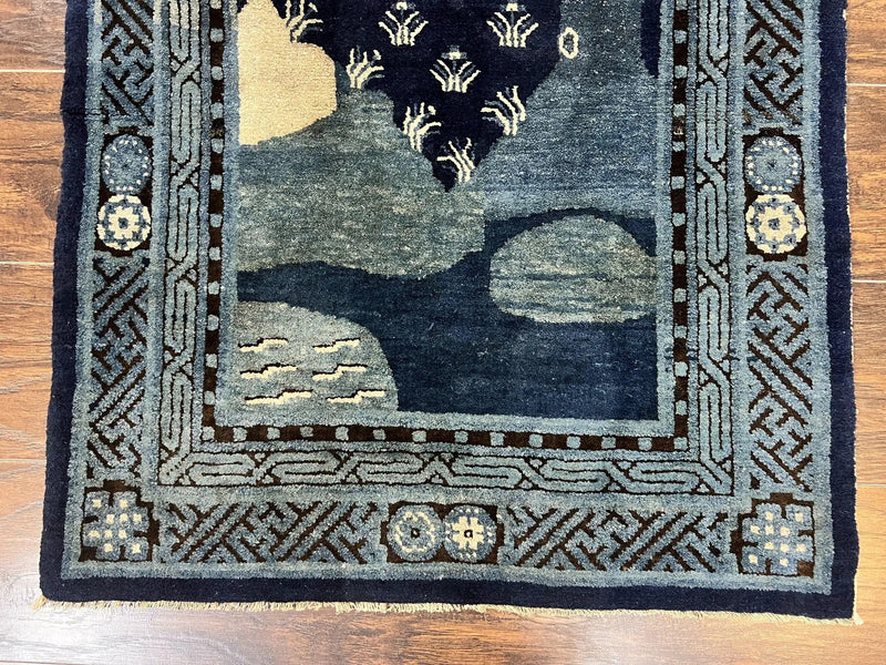Antique Chinese Peking Rug 3x5, Dark Blue Chinese Wool Rug 3 x 5, Animal Pictorials Deer Birds, Handmade Asian Oriental Chinese Carpet by Jewel Rugs
