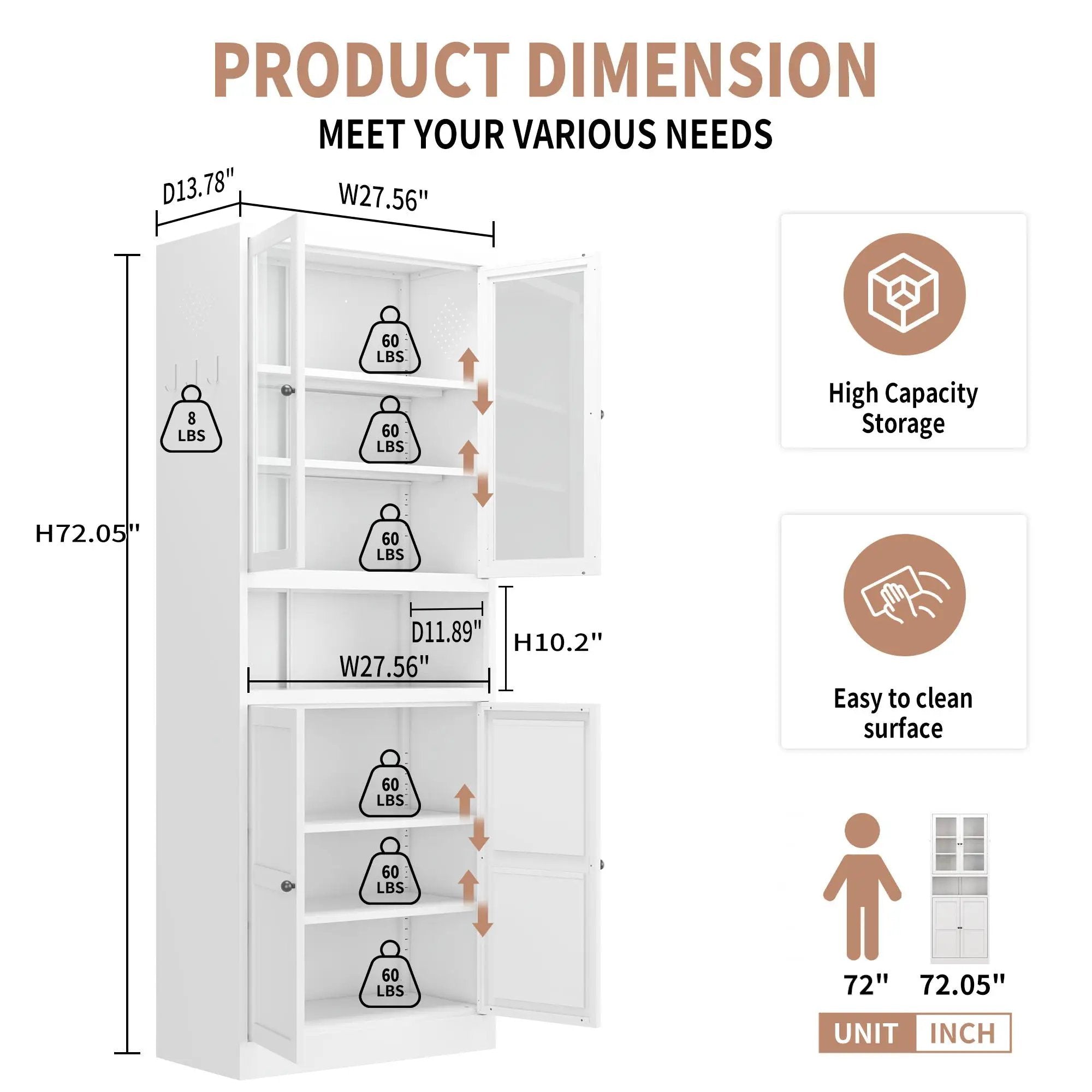 Metal Kitchen Pantry Cabinet Tall Storage With Adjustable Shelves, Heavy Duty Stainless Steel Frame - White by HouseOfZazla