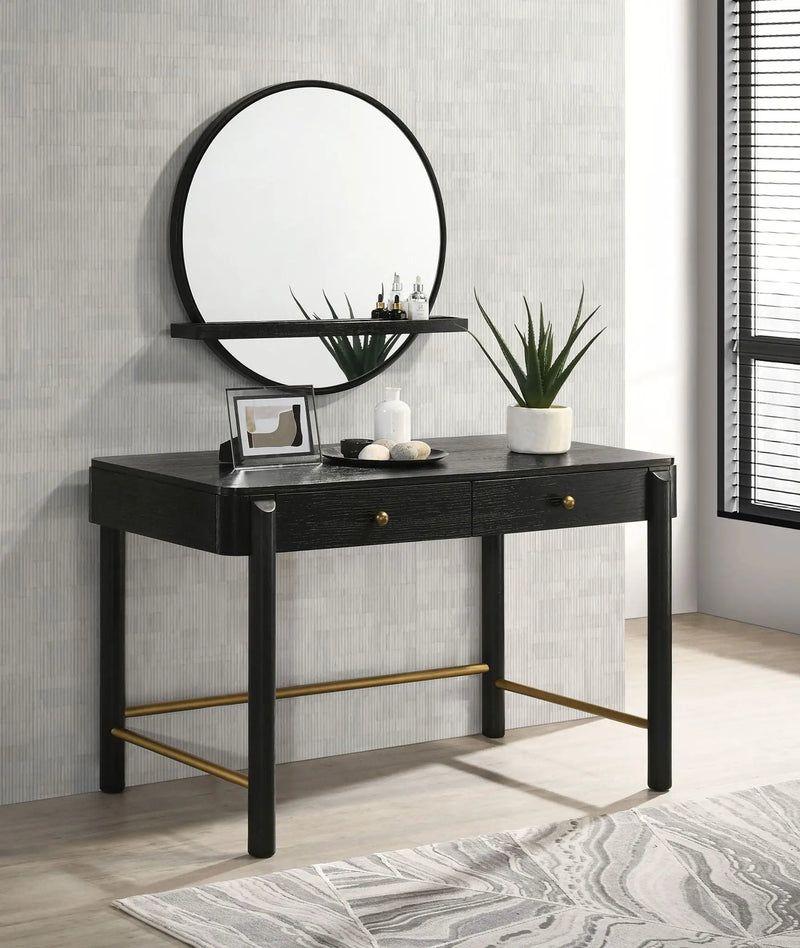 Arini Round Vanity Wall Mirror with Shelf Black by Unique Piece Furniture