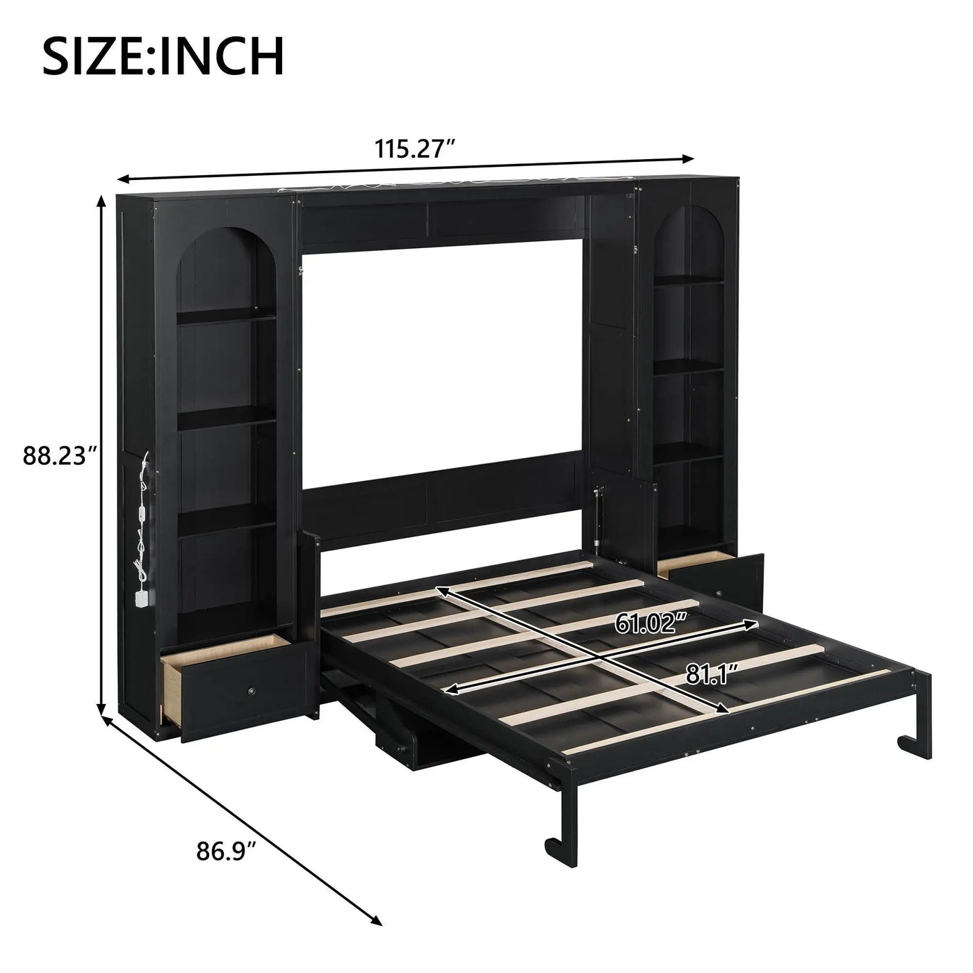French Style Murphy Platform Bed With Shelf, Side Cabinets, Drawers And LED by Unique Piece Furniture