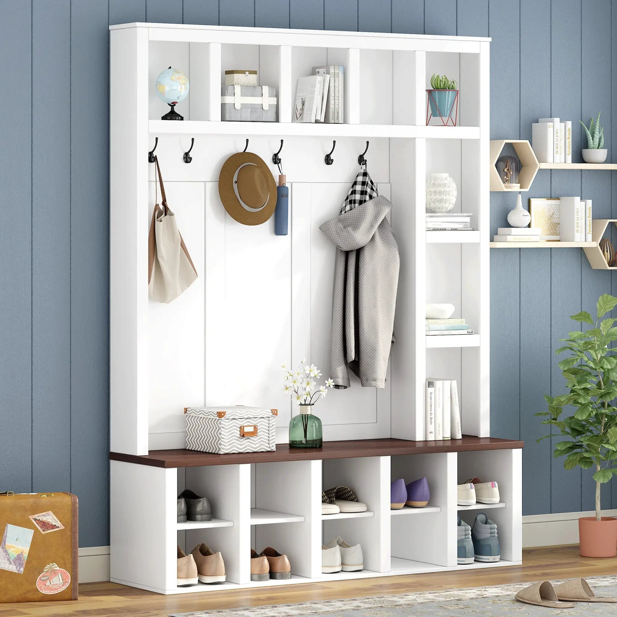 Farmhouse Wooden Hall Tree with 6 Hooks by HouseOfZazla