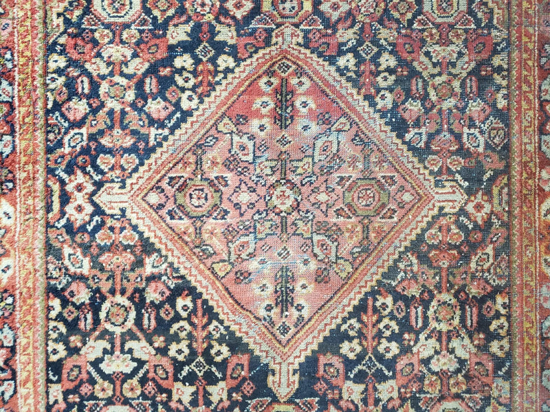 Antique Persian Mahal Area Rug 4.4 x 6.6, Wool Hand-Knotted Shabby Chic Oriental Rug, Red Black 1930s Foyer Room Carpet, Low Pile Boho Rug by Jewel Rugs