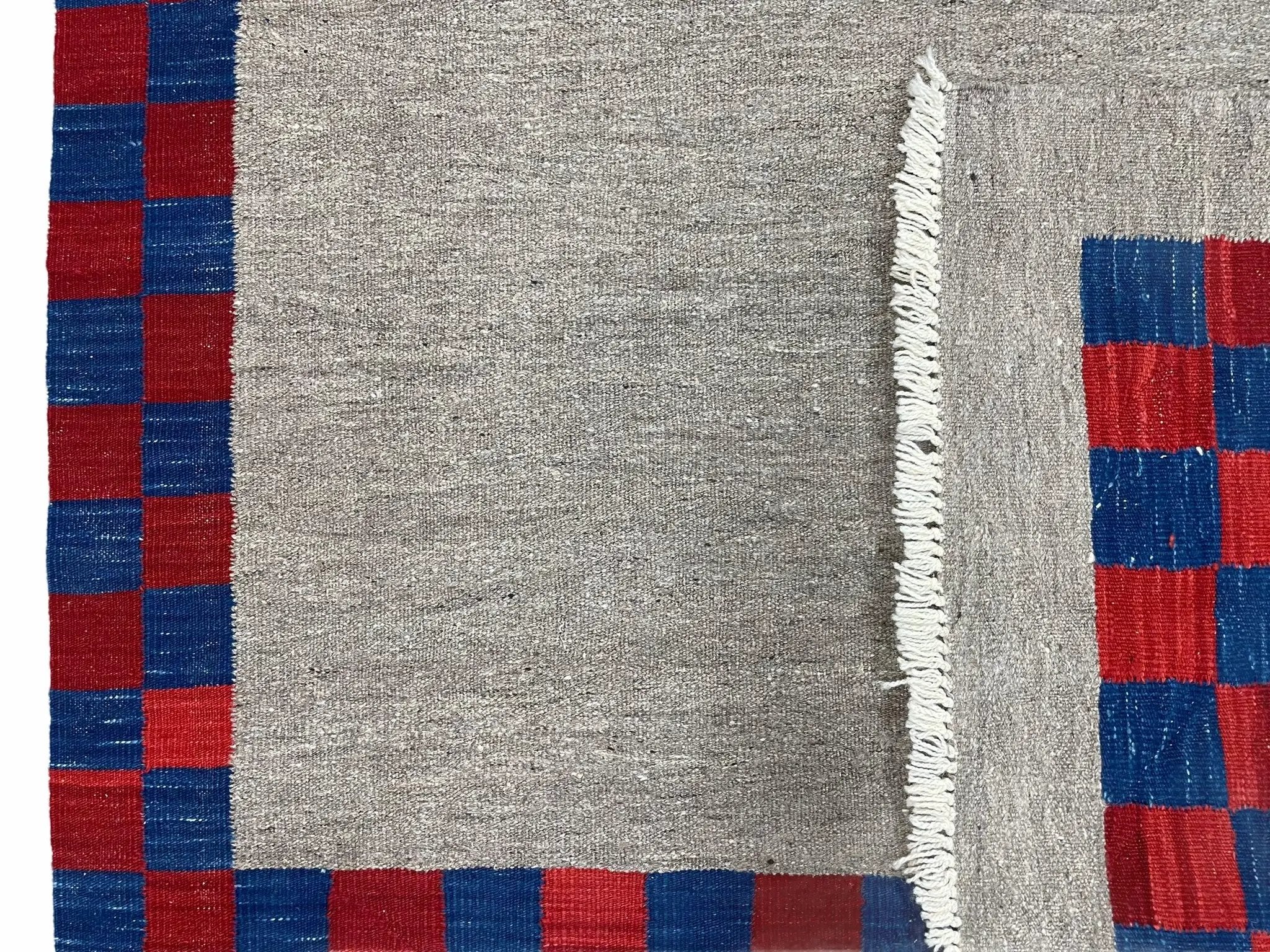 5' 7" x 7' 9" Geometric Kilim Carpet, Gray, Handmade, Hand-Knotted Area Rug, Blue & Red, Flatweave, Wool, New, Checkerboard Pattern by Jewel Rugs