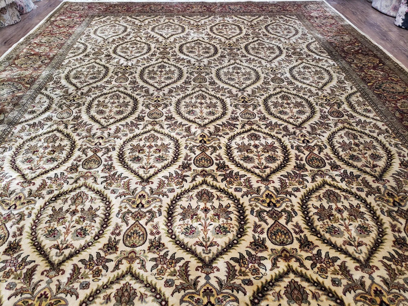 Vintage Indo Persian Area Rug 9x12, Wool Hand-Knotted Ivory & Dark Red Oriental Carpet, Fine Weave 9 x 12 Indian Rug, Dining Room Rug by Jewel Rugs