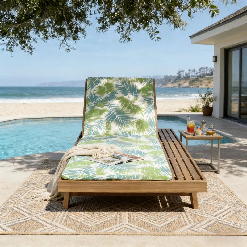 Lounge Chaise Set, Space Available On One Side, Acacia Wood In light brown With Water-Resistant Lounge Cushions (Leaf Coconut & 2 Inch Thick) – Matching Cream/Dark Grey Version Available by HouseOfZazla