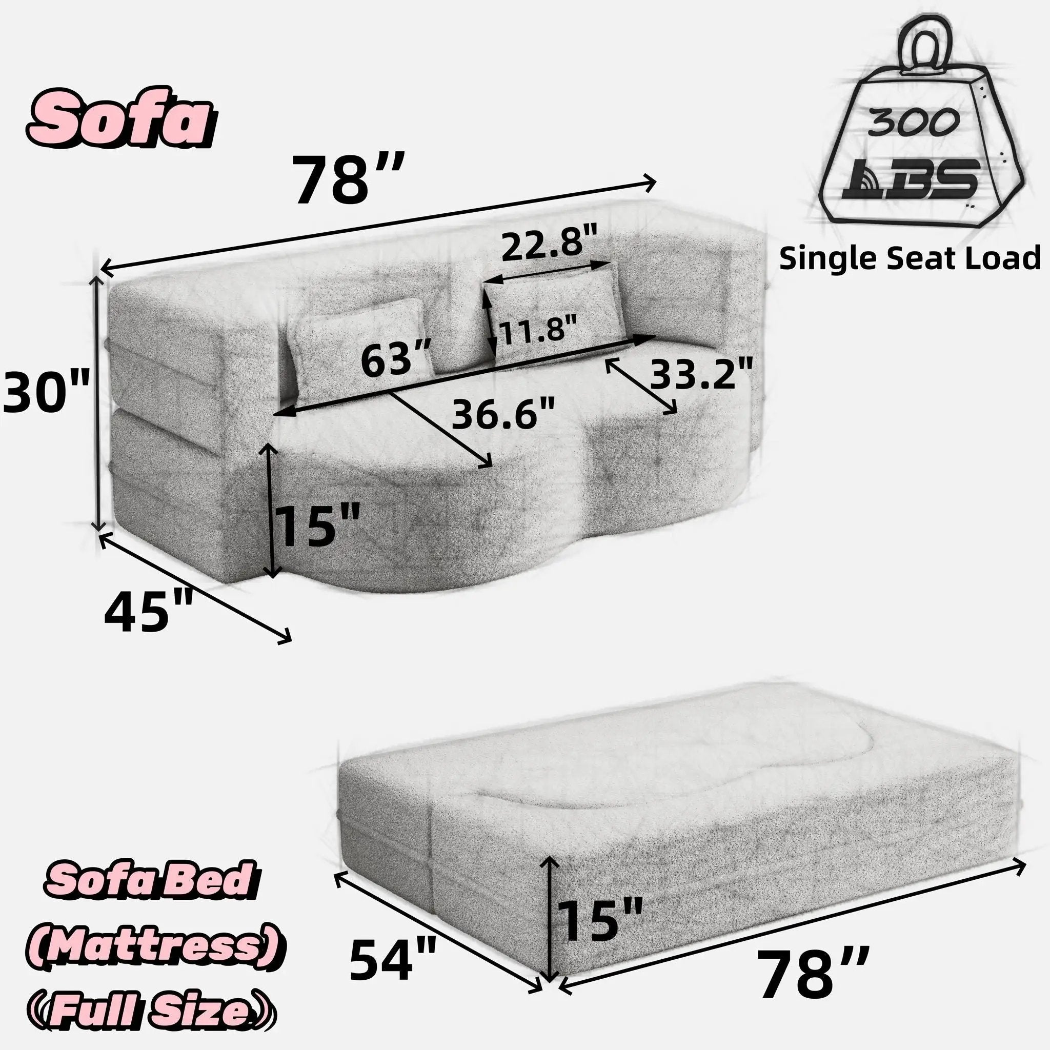 Convertible Foam-Filled Sleeper Sofa Bed with 2 Pillows by HouseOfZazla