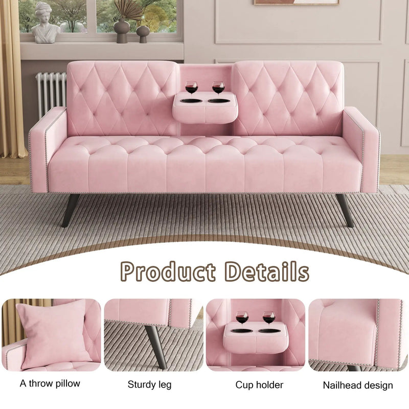 Sofa Bed With Nail Head Trim And Cup Holders - Pink by Unique Piece Furniture
