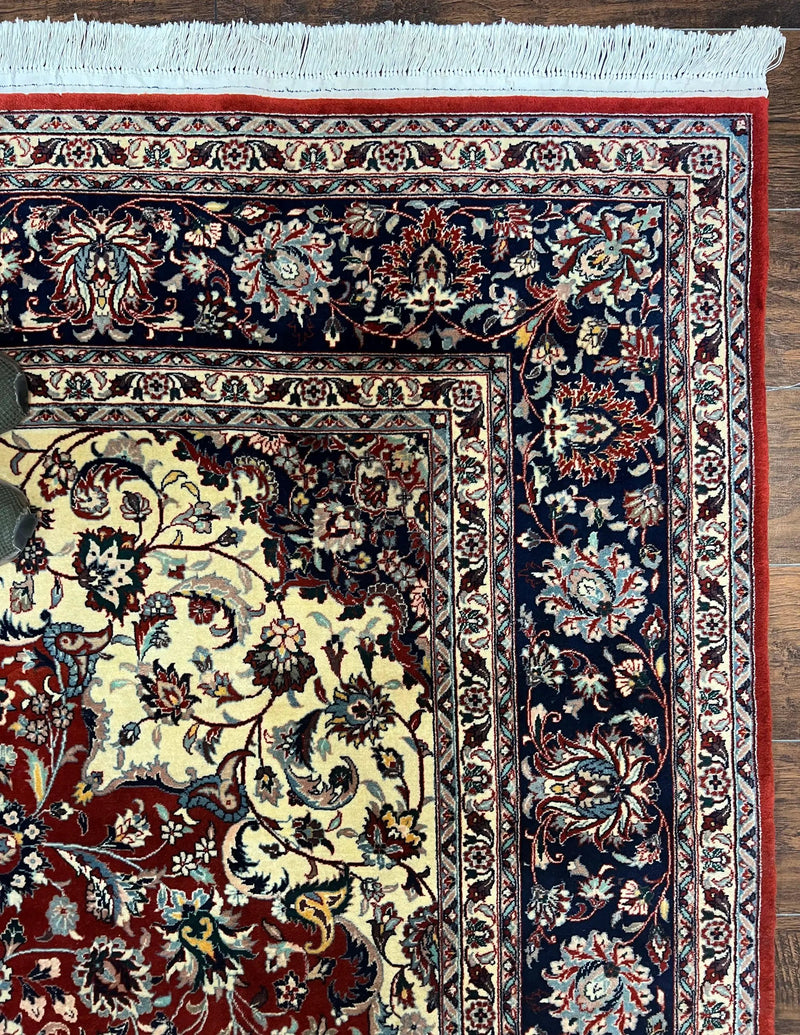 Fine Sino Persian Rug 7x10 ft, Floral Central Medallion Oriental Carpet, Red Navy Blue Cream, Hand Knotted Wool Traditional Vintage Rug by Jewel Rugs
