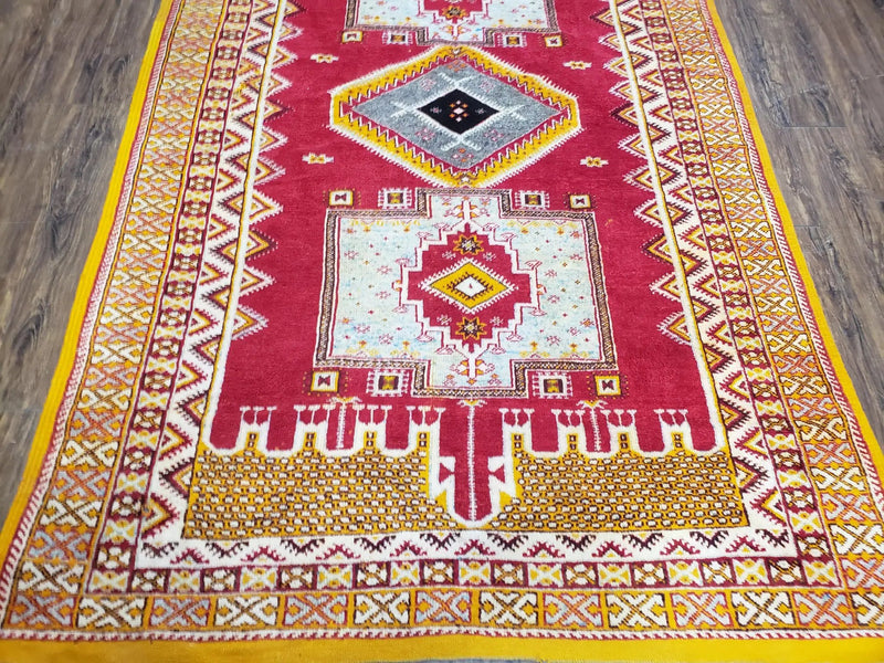 Vintage Moroccan Rug 6x10, Red and Yellow Moroccan Carpet, Handmade Bohemian Tribal Area Rug, Hand-Knotted 1970s Wool Rug, Medalions by Jewel Rugs