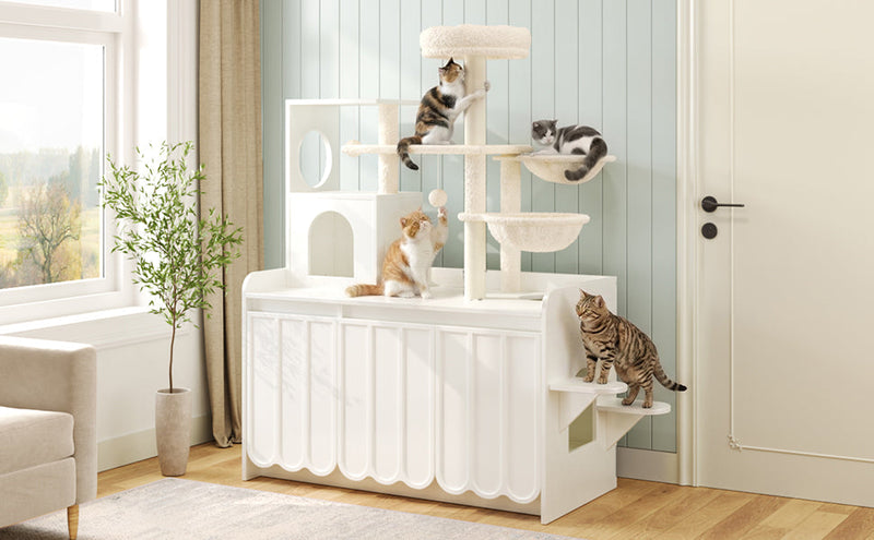 50.6" Cat Tree with Litter Box Enclosure, Sisal Scratching Post & Storage by HouseOfZazla