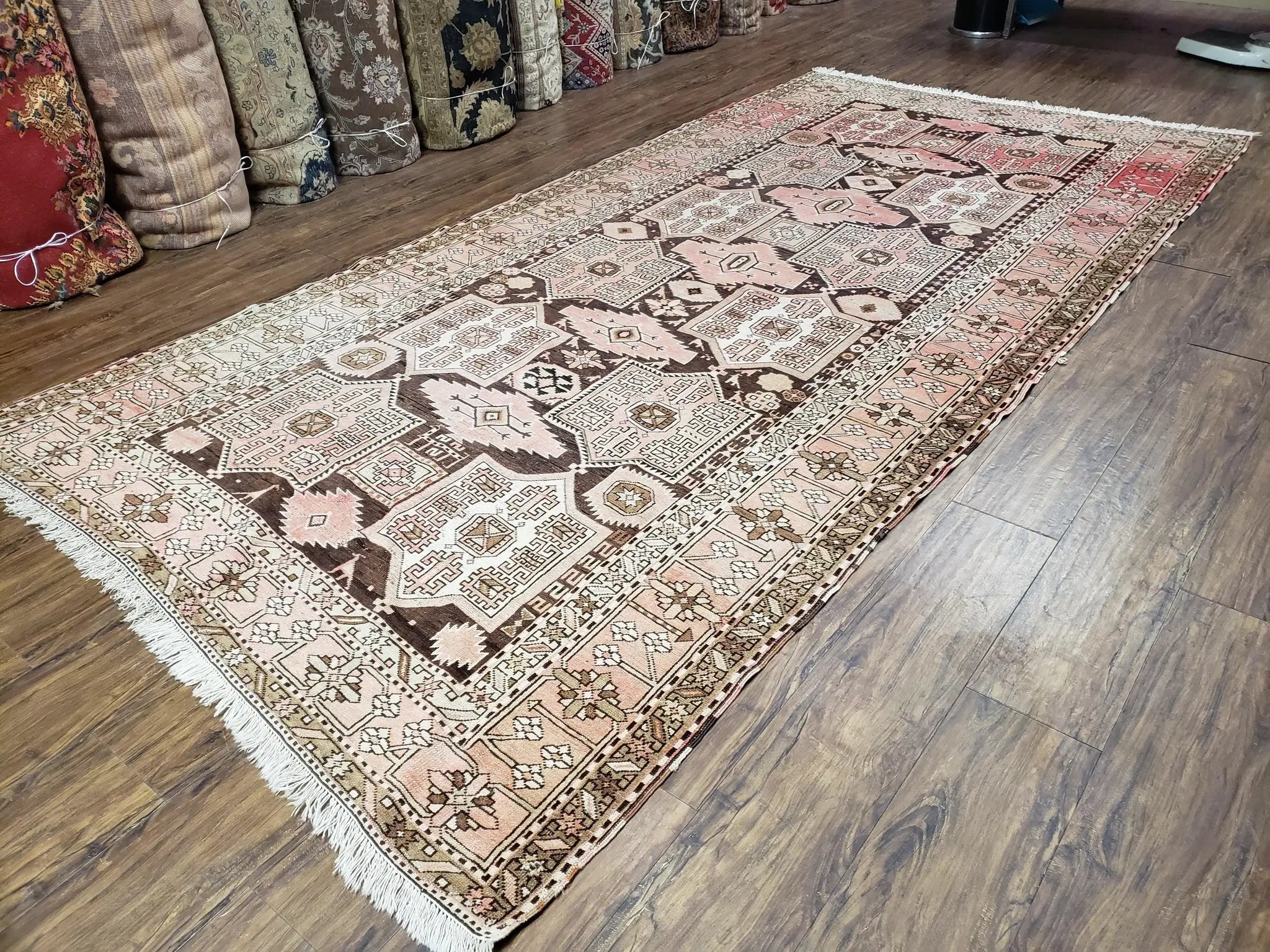 Antique Caucasian Rug 5' 5" x 10' 9", Shirvan Carpet, Wide Oriental Corridor Runner, Quality Handmade Hand-Knotted Wool Rug, Pale Pink Black by Jewel Rugs