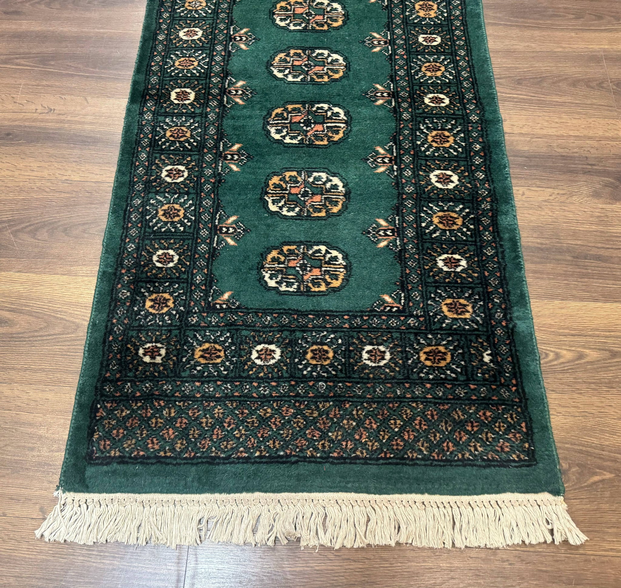 Pakistani Bokhara Runner Rug 2.5 x 11, Green Turkoman Wool Runner for Hallway by Jewel Rugs