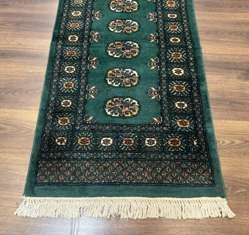 Pakistani Bokhara Runner Rug 2.5 x 11, Green Turkoman Wool Runner for Hallway by Jewel Rugs