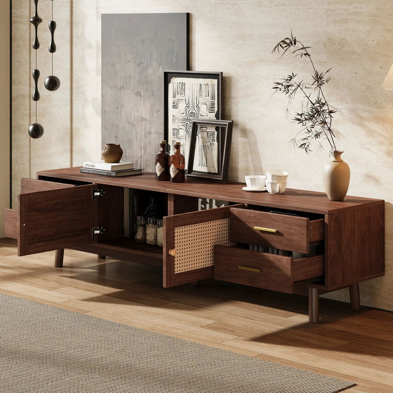 70" TV Stand With Doors For TVs Up To 80", Media Console With 4 Drawers & Cable Holes - Dark Brown by HouseOfZazla