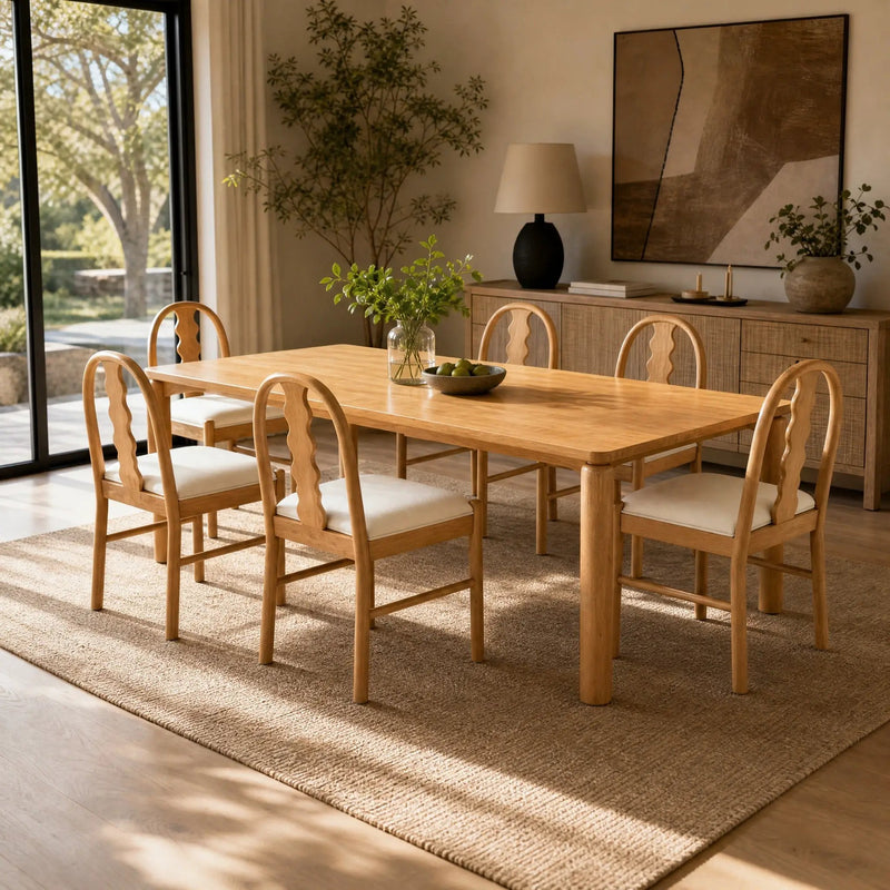 7-Piece Dining Table Set, 70" Solid Rubber Wood Dining Table with 6 Wave Back Dining Chairs by HouseOfZazla