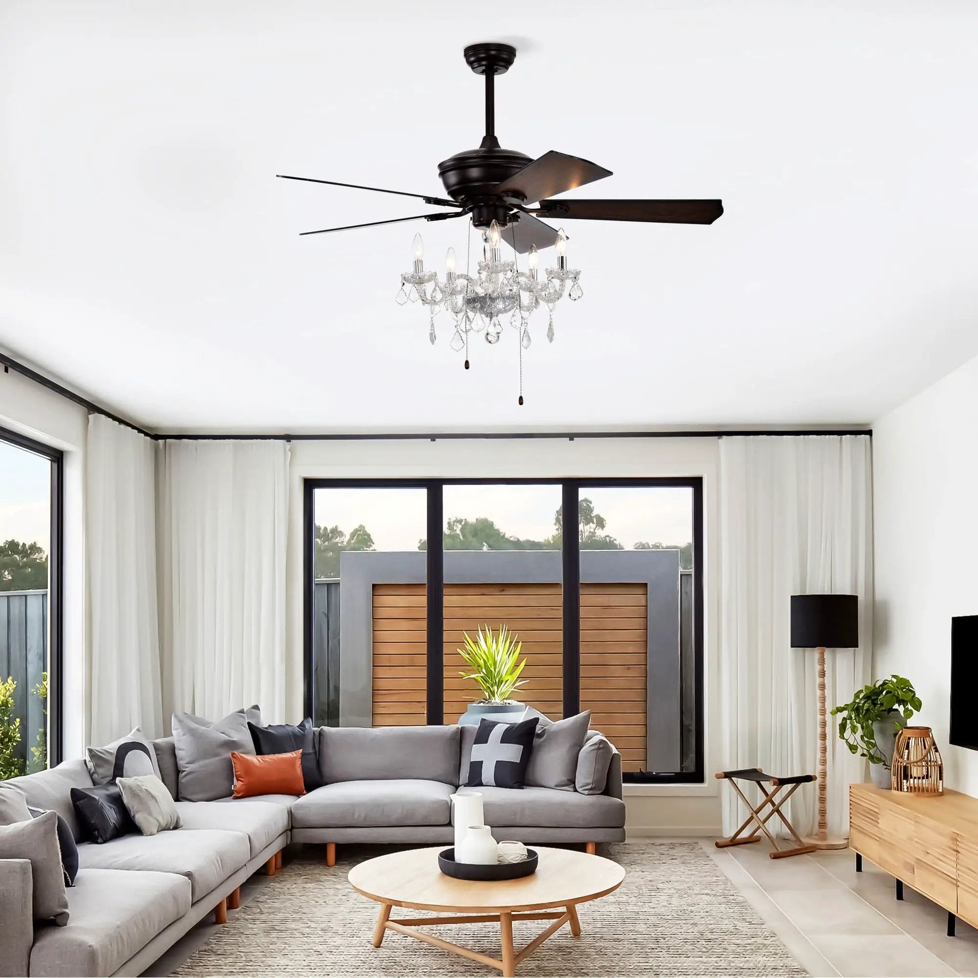 52" Crystal Shade Ceiling Fan Lamp, 3 Speed, 4 Timing, 5 Reversible Blades Crystal Ceiling Fan, 5 Pieces X E12 (No Include Bulb), Hand Pull Chain - Matte Black by HouseOfZazla
