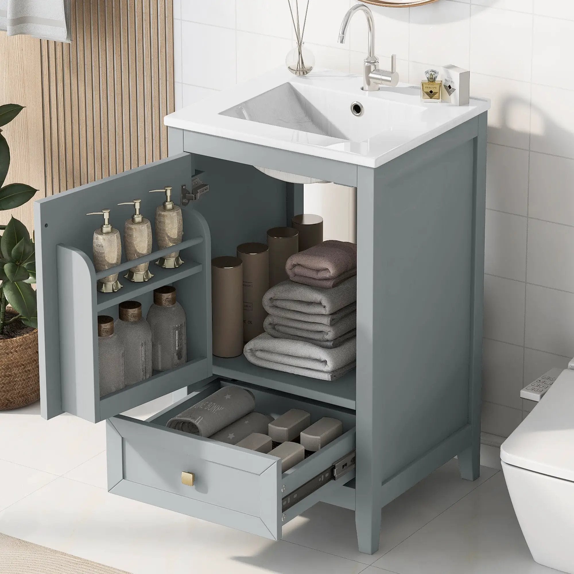 20" Bathroom Vanity with Sink, Storage Rack, and Soft Closing Door - Grey by HouseOfZazla