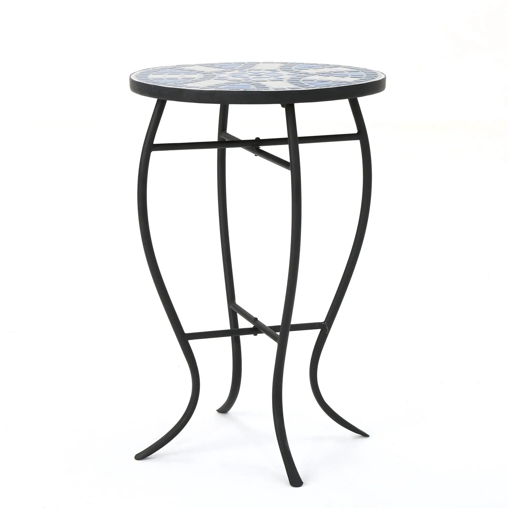 Outdoor Round Side Table With Mosaic Style Top And Curved Iron Legs - Blue / Matte Black by HouseOfZazla