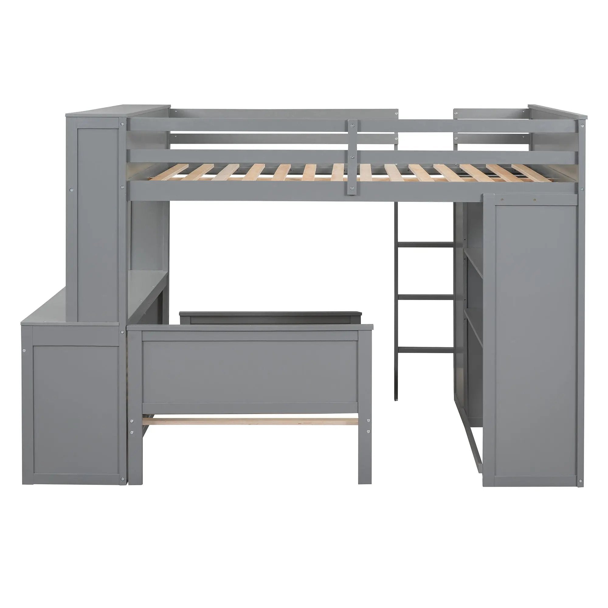 Loft Bed With A Twin Size Standalone Bed, Shelves, Desk, And Wardrobe