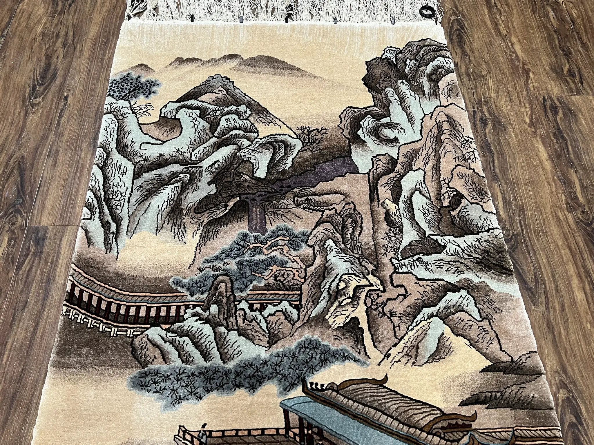 Silk Chinese Wall Hanging Rug 3x6 ft Tapestry, Pagoda Scene, Pictorial, High Quality Fine Hand Knotted Vintage, Asian Oriental Handmade Nice by Jewel Rugs