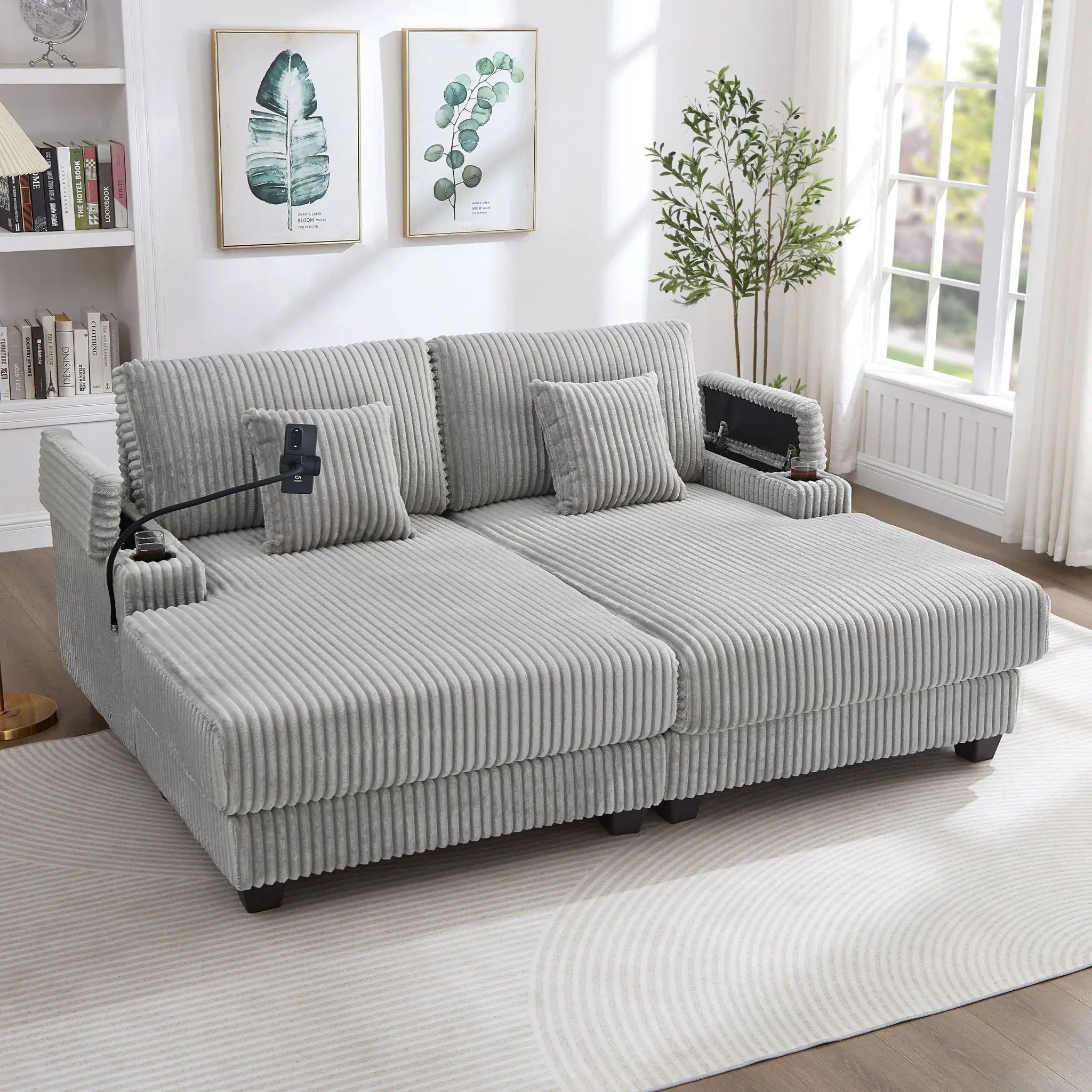Modern Chaise Sofa With Adjustable Backrest, Cup Holders, Phone Holder & Storage Compartments For Living Room by Unique Piece Furniture