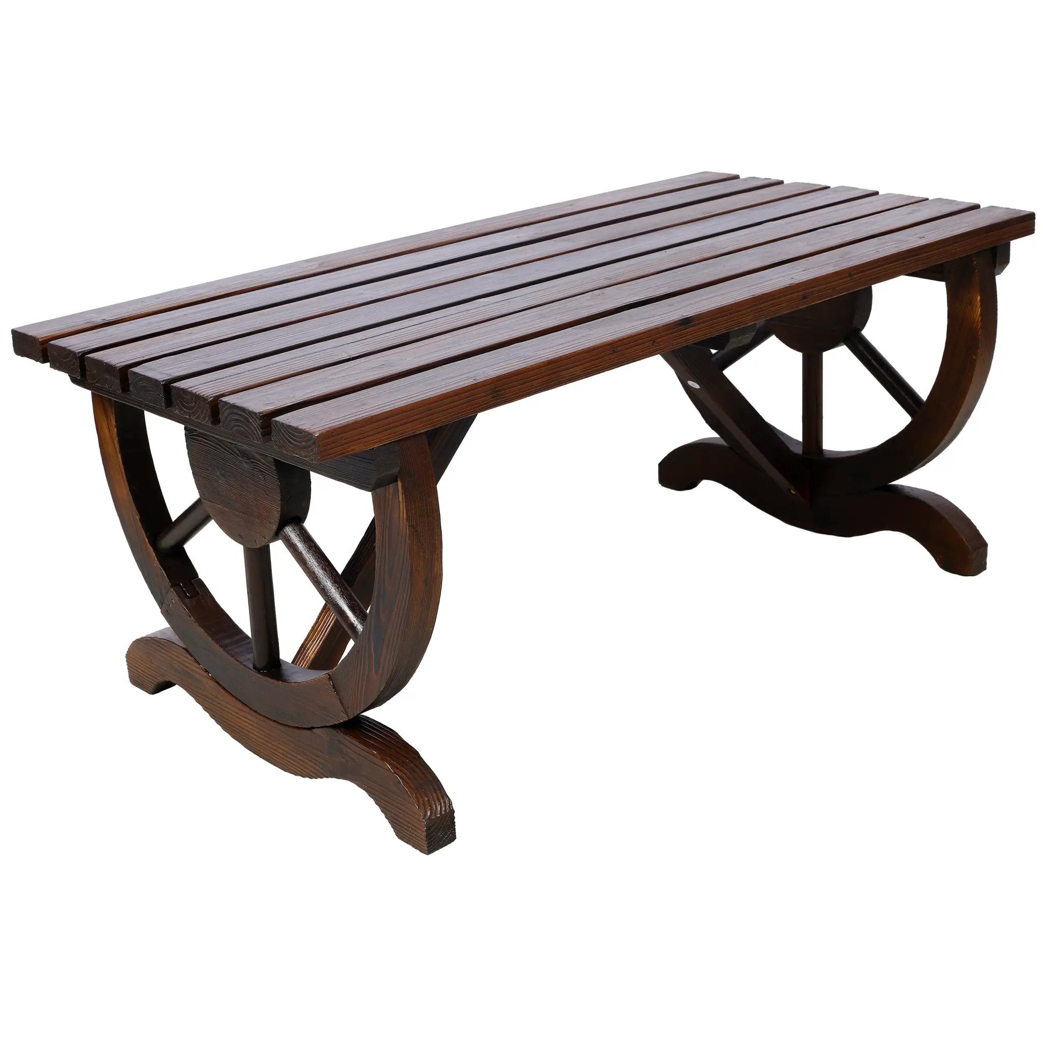 Outdoor Rustic Wooden Bench with Wagon Wheel Legs by HouseOfZazla
