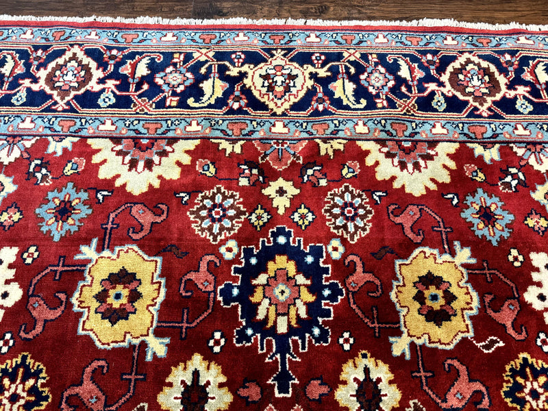 Indo Heriz Rug 8x10, Red and Navy Blue, Allover Pattern, Wool Handmade Carpet by Jewel Rugs