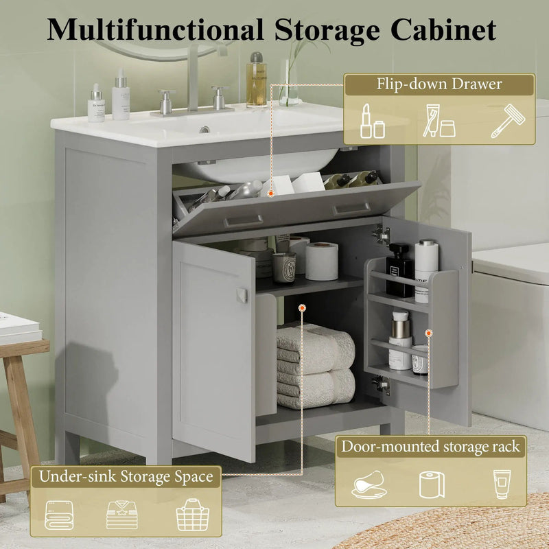 Bathroom Vanity With Ceramic Sink, Modern Single Bathroom Cabinet With 2 Doors And A Shelf, Soft Close Doors by HouseOfZazla