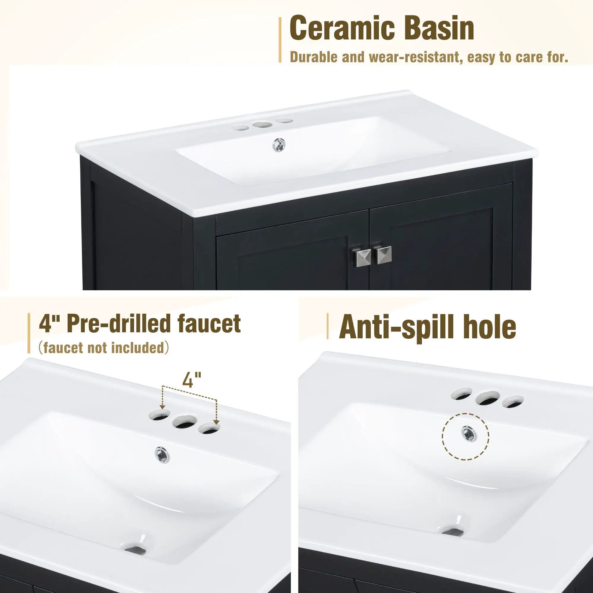 Bathroom Vanity With Single Sink, Combo Cabinet Undermount Sink, Bathroom Storage Cabinet With Two Doors And A Drawer, Soft Closing, Multifunctional Storage, Solid Wood Frame by HouseOfZazla