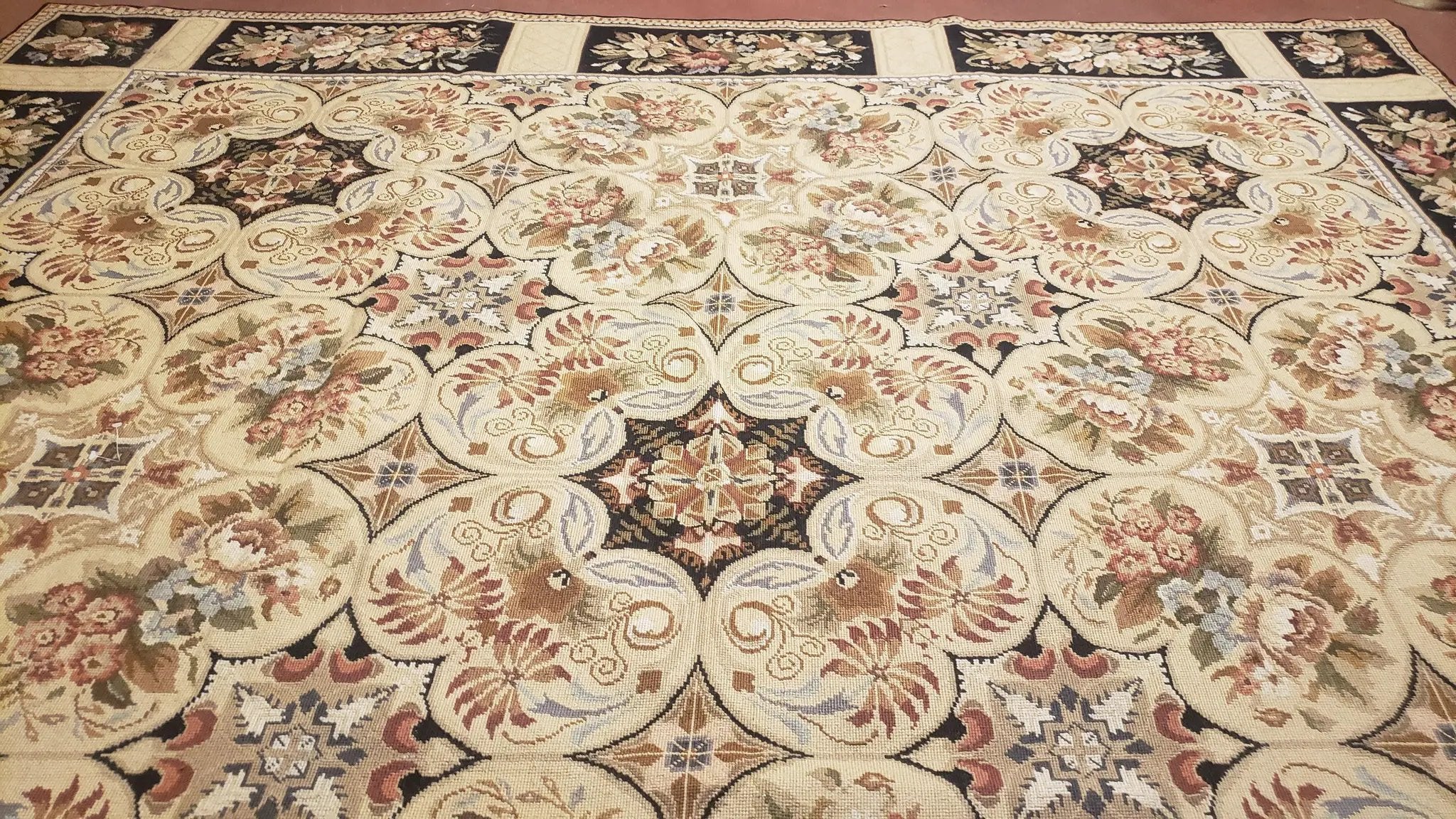 Needlepoint Rug 8x10ft Allover European Design Flowers 100% Wool Hand Knotted Aubusson Area Rug Brand New Flatweave Needle Point Carpet Chic by Jewel Rugs