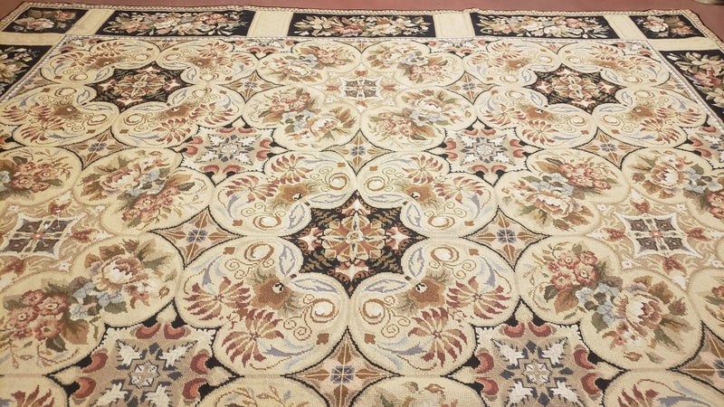 Needlepoint Rug 8x10ft Allover European Design Flowers 100% Wool Hand Knotted Aubusson Area Rug Brand New Flatweave Needle Point Carpet Chic by Jewel Rugs