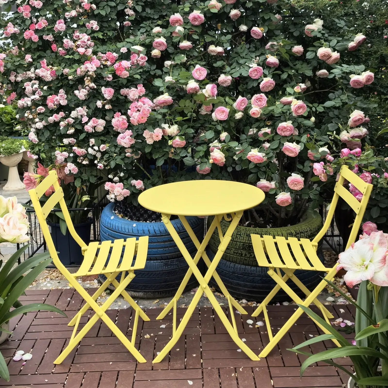 3 Piece Patio Bistro Set Of Foldable Round Table And Chairs by HouseOfZazla