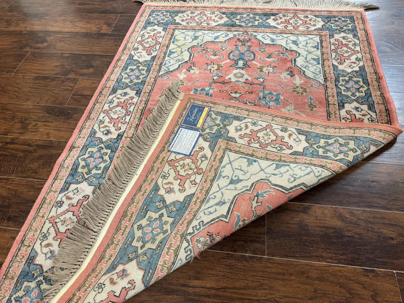 Karastan Rug 4x6 Bergama Design #737, Karastan Area Rug, Vintage Wool Karastan Carpet, Original Collection 700 Series, Salmon Red Light Blue by Jewel Rugs