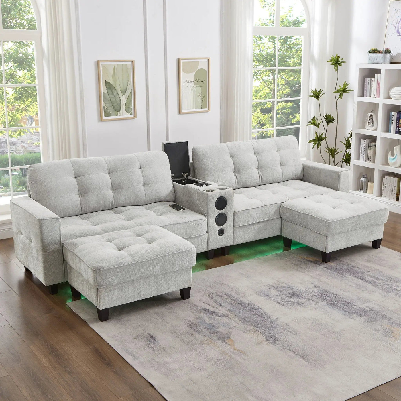 Modern Sectional Sofa U-Shaped With Movable Ottomans, Bluetooth Speakers, LED Lights And Modular Storage by HouseOfZazla