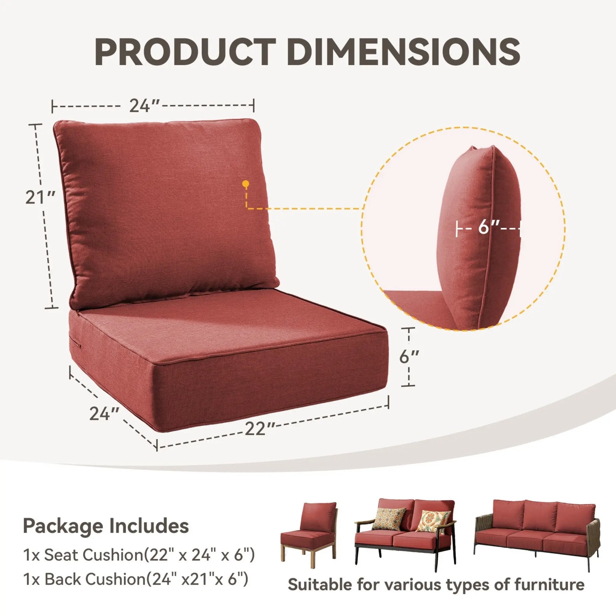 6" Thicker Outdoor Chair Cushion Set - Waterproof & Comfortable by HouseOfZazla