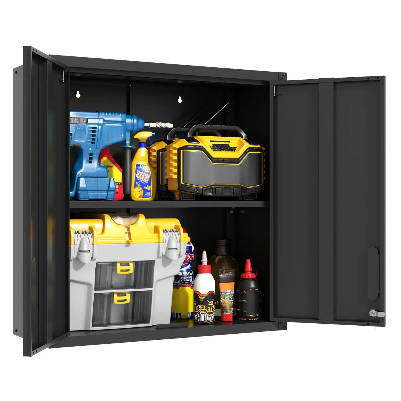 Metal Wall Mounted Tool Storage Cabinet With 2 Locking Doors, Adjustable Shelf, And Drawer by HouseOfZazla