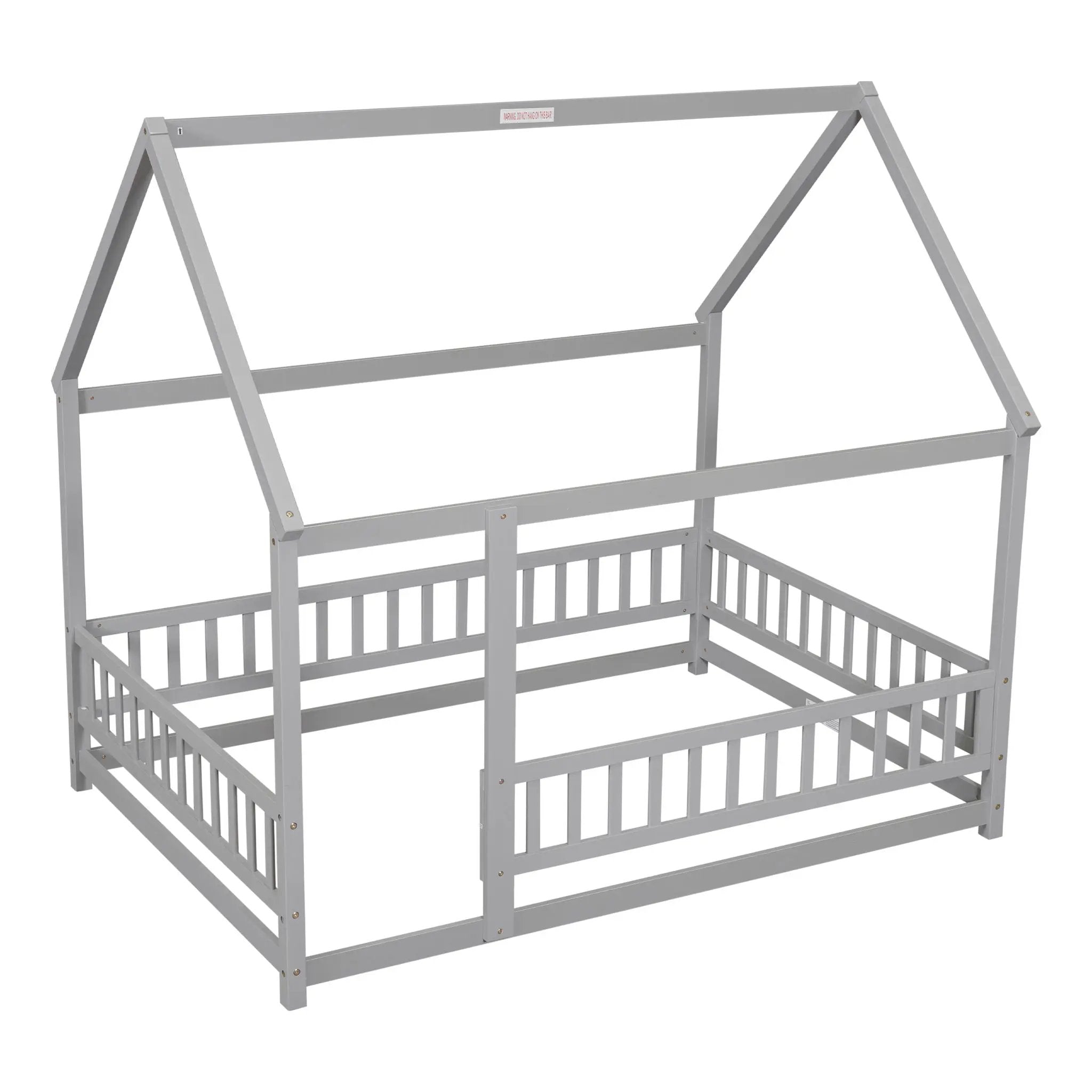 Floor Wooden Bed With House Roof Frame, Fence Guardrails by Unique Piece Furniture