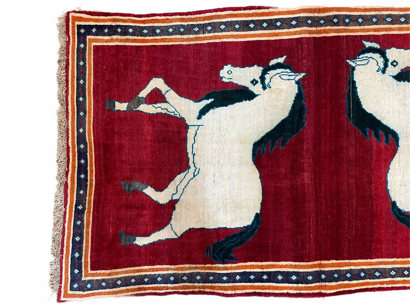 3.5 X 6 Handmade Hand-Knotted New Vintage Rug Quality Wool White Horses Red by Jewel Rugs
