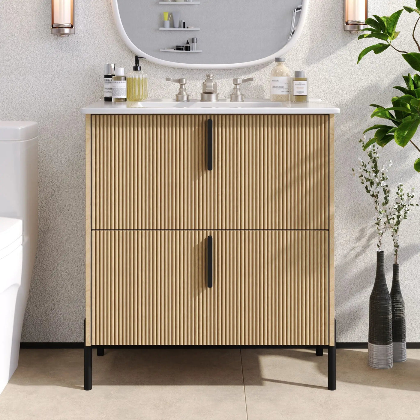 Bathroom Vanity With Ceramic Sink, Fluted Design by HouseOfZazla