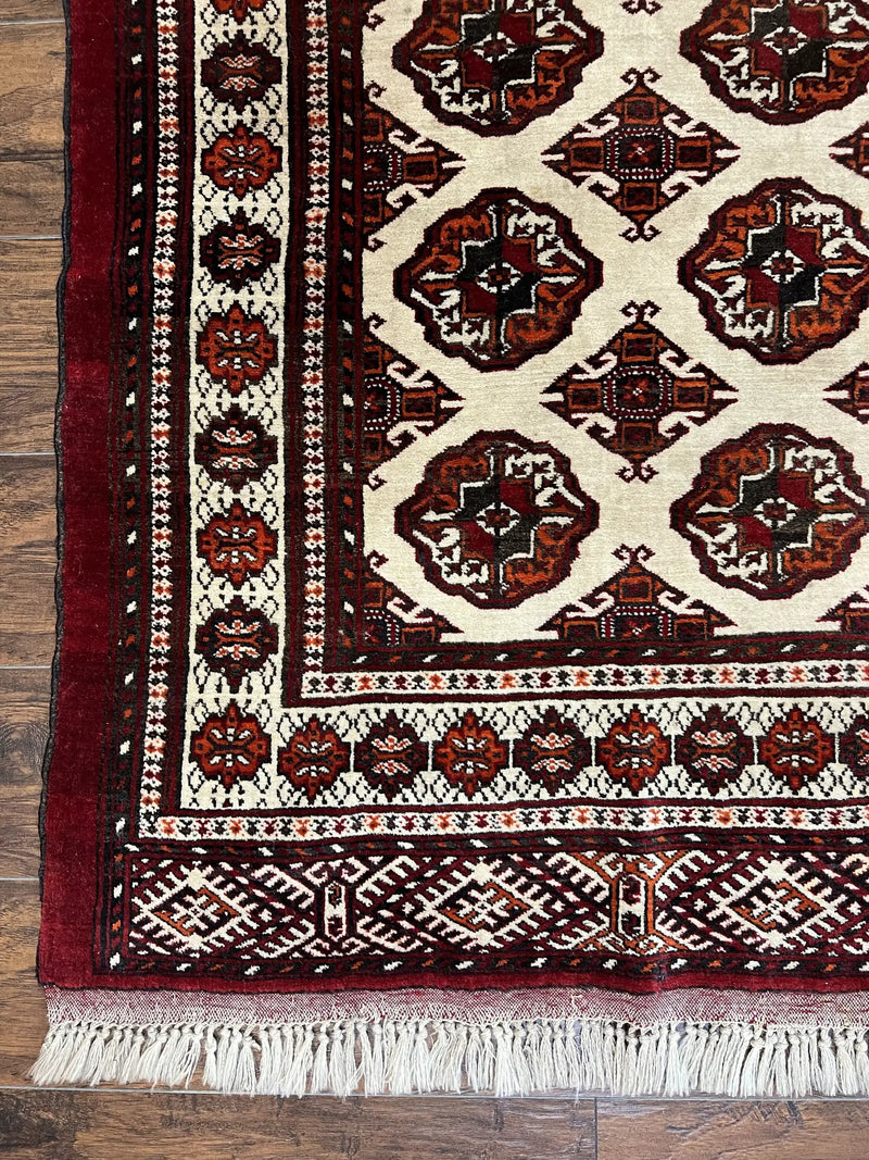 Persian Turkoman Rug 7x8, Almost Square Rare, Hand Knotted, Yamud, Bohemian Rug, Handmade Tribal Rug, Cream Red, Handmade Oriental Carpet by Jewel Rugs