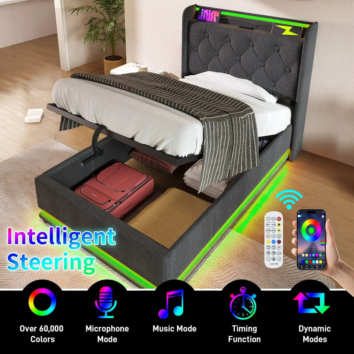 Upholstered Bed, 360 Surround LED Function, Remote Control, Hydraulic Storage Bed With USB, Type-C Charging (Without Mattress) by Unique Piece Furniture
