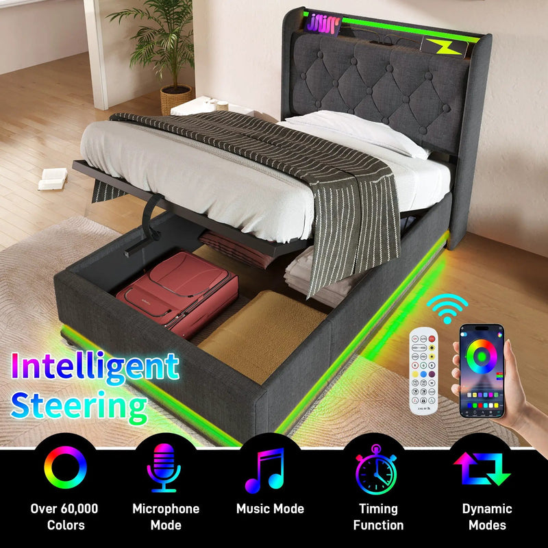 Upholstered Bed, 360 Surround LED Function, Remote Control, Hydraulic Storage Bed With USB, Type-C Charging (Without Mattress) by HouseOfZazla