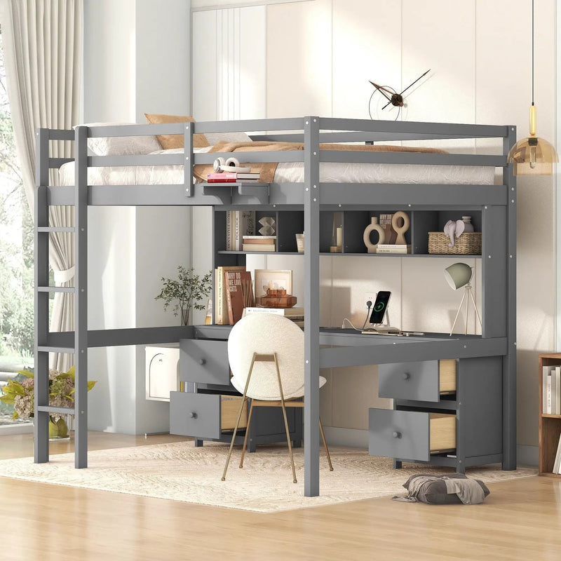 Loft Bed With Desk, Cabinets, Drawers, Charging Station And Bedside Tray by Unique Piece Furniture